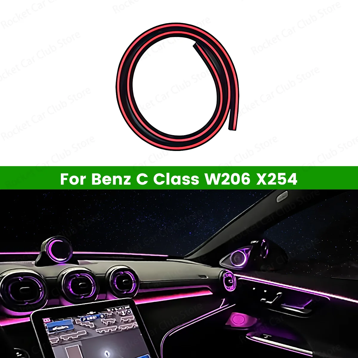 For Mercedes Benz W206 X254 C Class Car Soft Strip Light Strip 64 Color Ambient Light Instrument Panel Multi-Color Light Strip