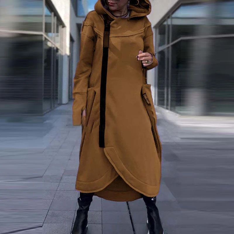 Casual Patchwork Irregular Trench Coat New Autumn Winter Solid Hooded Women Jacket Vintage High Street Long Sleeve Loose Outwear