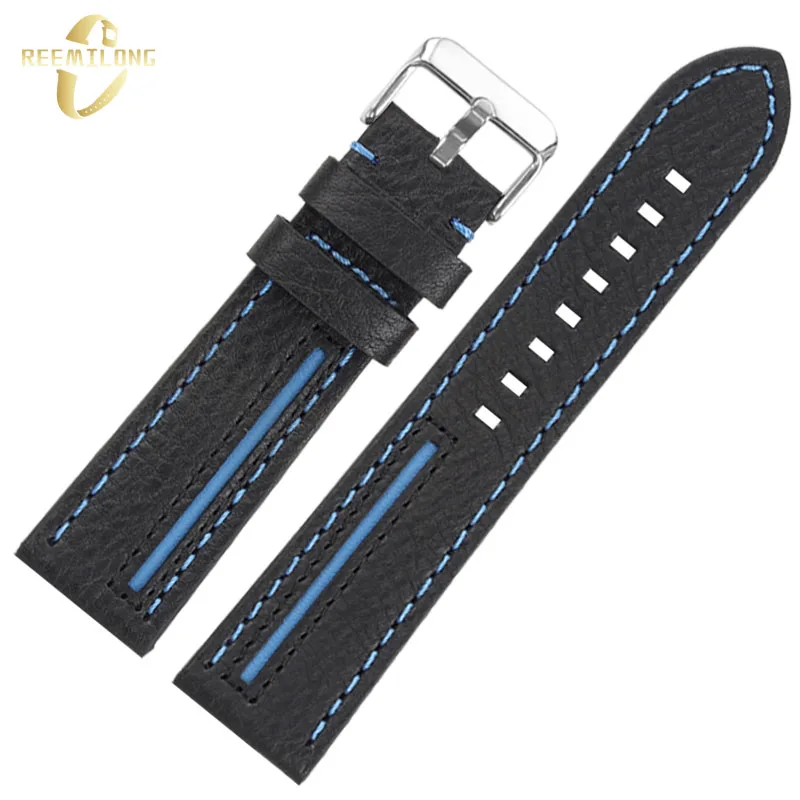 Cowhide lea/ther watch strap 22mm sport outdoor black yellow red blue lines men\'s watchband For CASIO EDIFICE EFR-303L EFR-303D