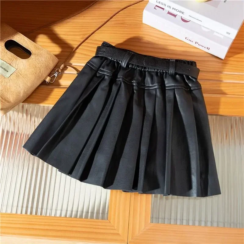 Kids Girls Pleated Skirts Black Khaki Autumn Winter Skirts 2024 New Arrival Teenage Girls PU Leather Skirt High Waist Skirts