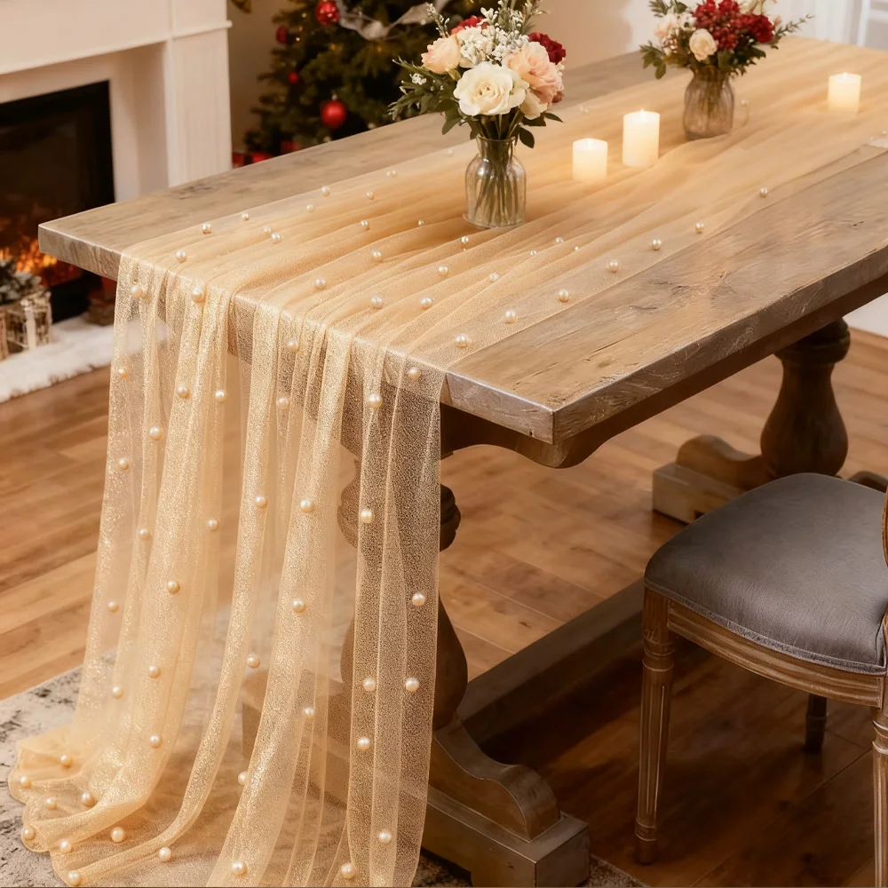 

Pearl Tulle Table Runner Wedding Chiffon Lace Tablecloth for Baby Shower Birthday Party Decor