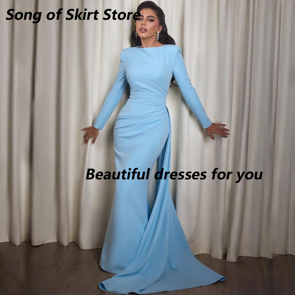 

Simple Sky Blue Evening Dress Customized O-Neck Long Sleeve Floor Length Evening Gowns Jersey Pleat Woman Party Dress