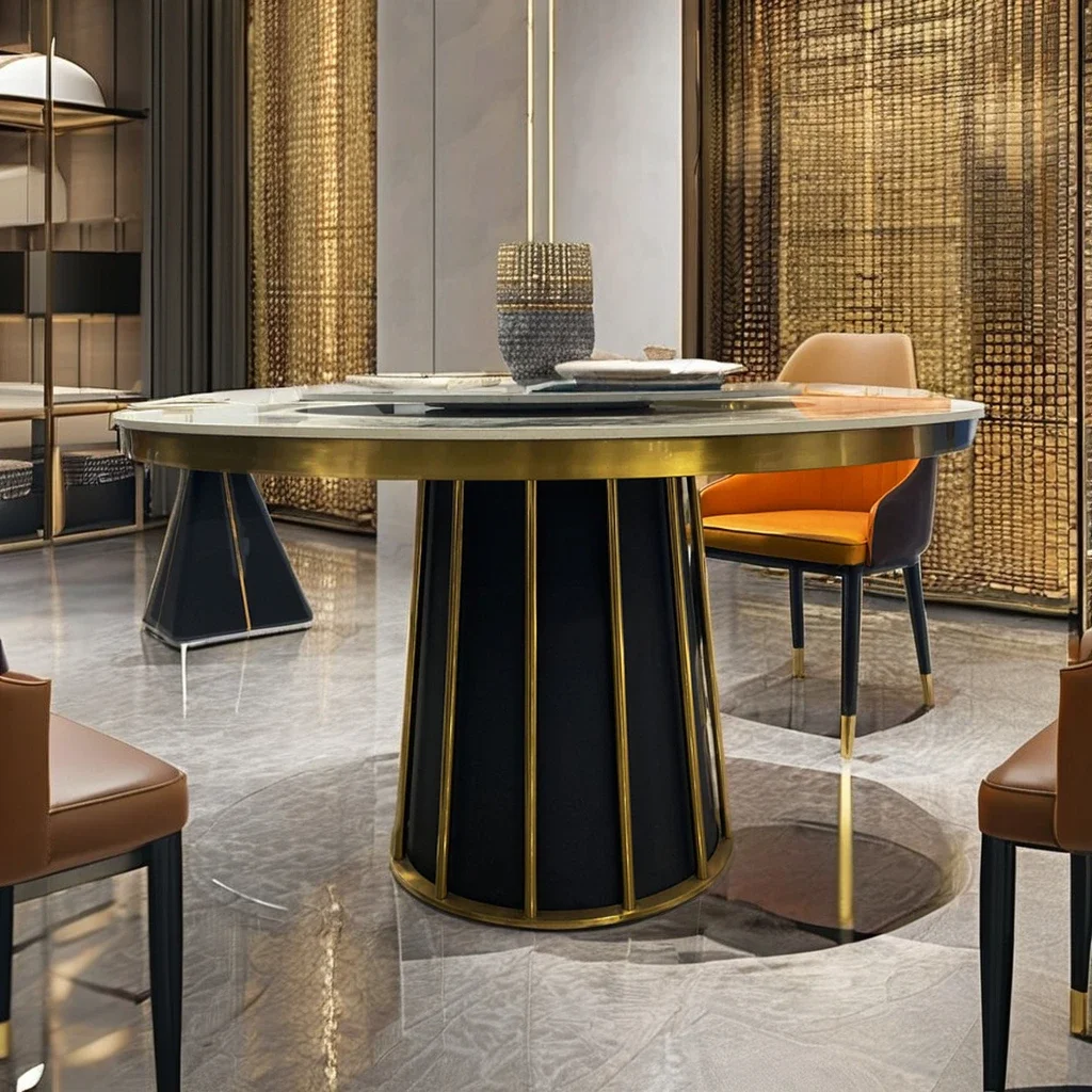 Ein luxuriöser minimalistischer Esstisch aus Edelstahl und Glas für Zuhause, Wohnzimmer, Hotel oder Apartment, Schlafzimmer, Badezimmer