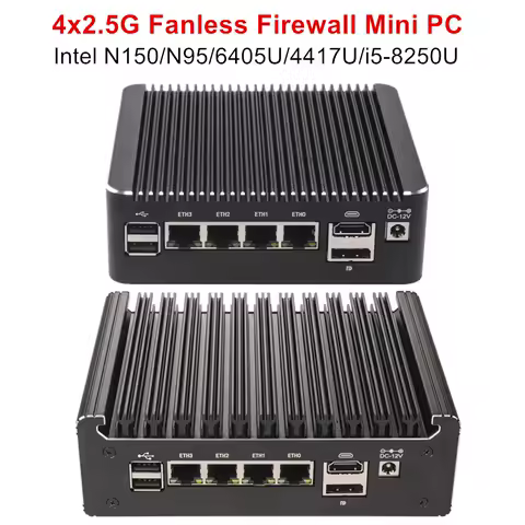 Solid Fanless Firewall Mini PC Intel i5-8250U N150 N95 Pentium 6405U 4417U 4x2.5G LANs DDR4 NVMe pfSense OPNsense Home Server