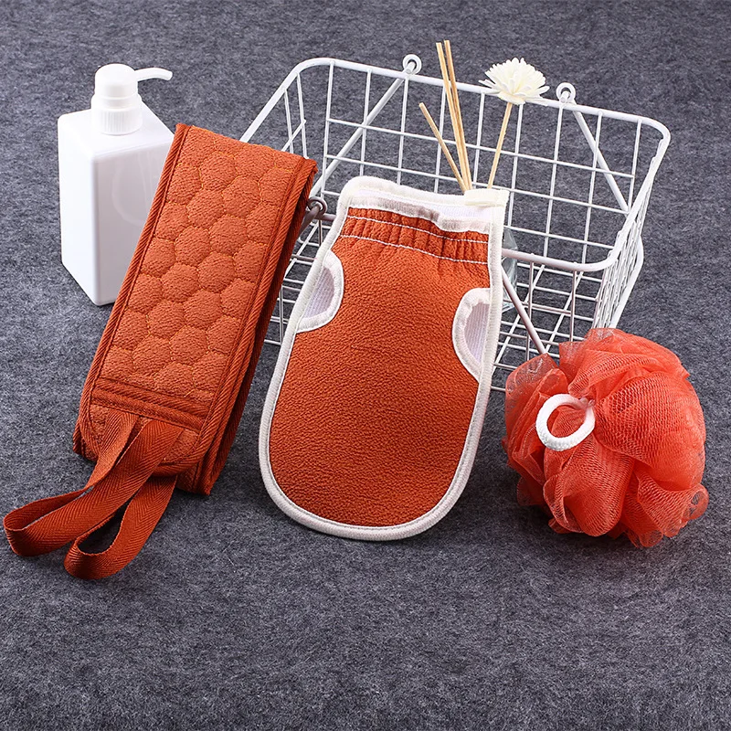 Three-piece Bath Scrub Towel Set, Extra Large and Thick, Mud-removing and Cleaning Bath Ball Combo with Back-scraping Strap