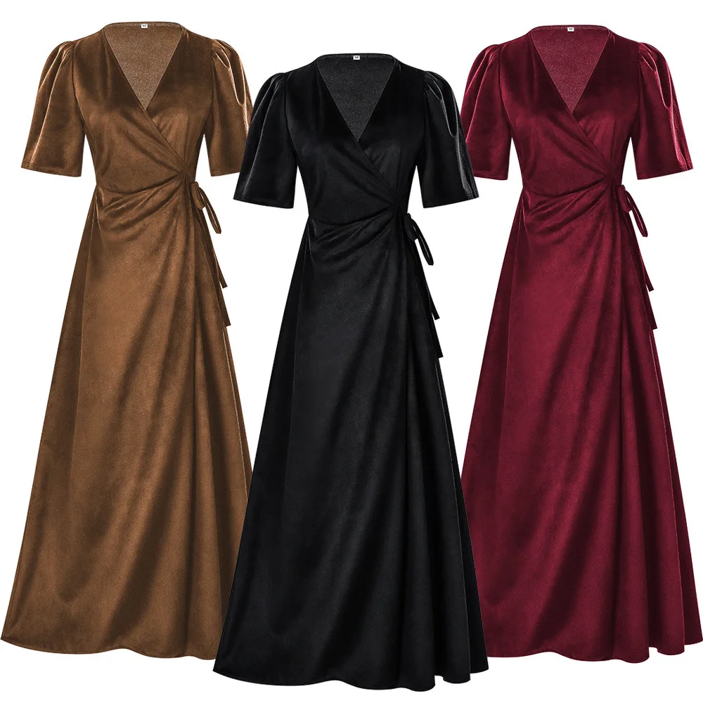 Ladies Long V-Neck Velvet Wrap Fit Formal Dress Medieval COS Stage Performance Costume Chinese Production Winter Collection