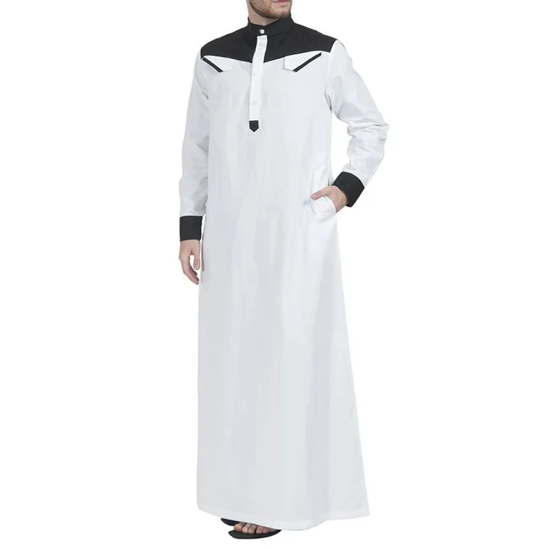 Muslim Arabic Men Clothing Loose Stand Collar Patchwork Long Sleeves Abaya Robe Middle East Islamic Dubai Jubba Thobe Pockets