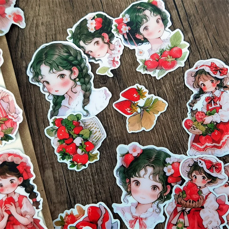 18pcs Cute Watercolor Strawberry Girl Stickers  Stationery DIY Laptop Waterproof Skateboard Moto Phone Car Toy Scrapbooking