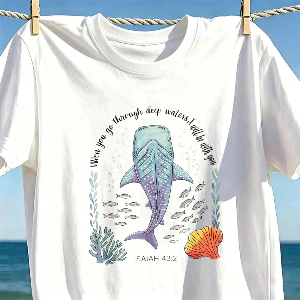 Watercolor Whale Isaiah 43:2 Bible Verse Coral Seaweed Cotton Tee Faith Beach Floral Graphic Casual Tops Christian Ocean T-shirt