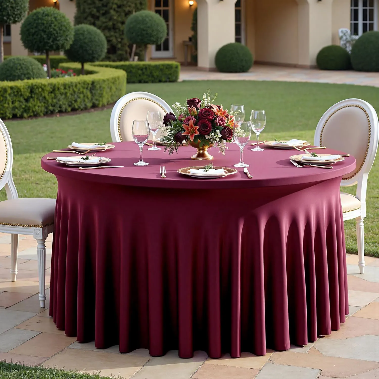 Mantel Redondo de Spandex con Falda con Volantes, Manteles Elásticos Antiarrugas para Decoración de Fiestas, Bodas y Banquetes