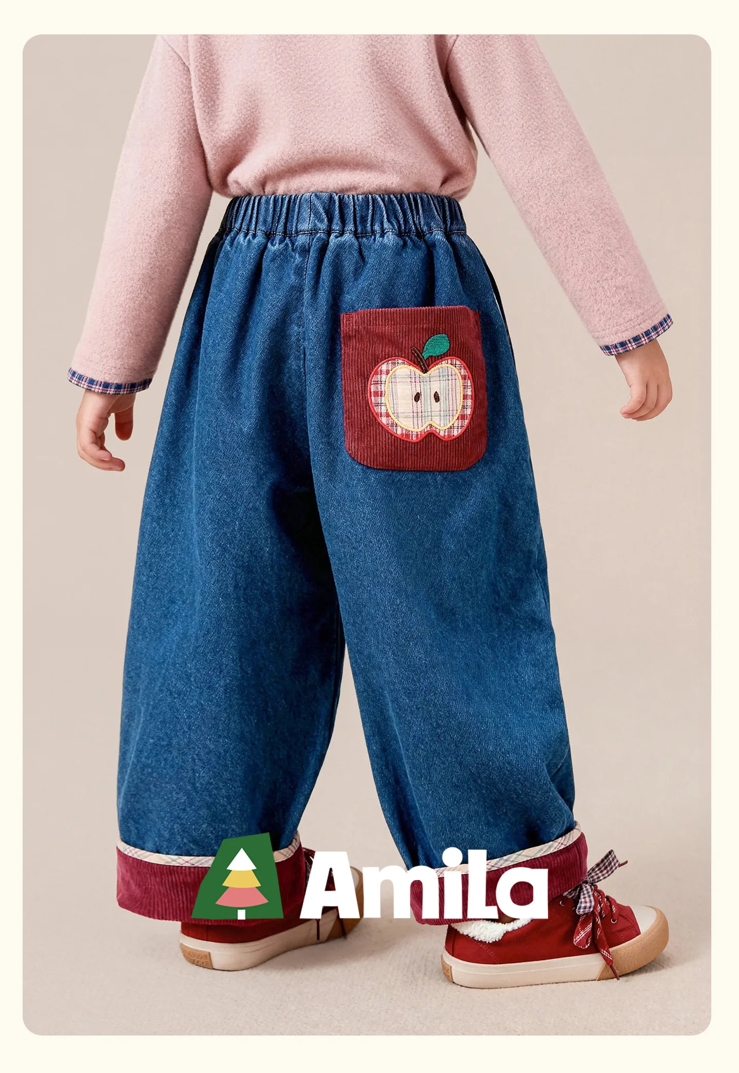 Amila 2026 Herbst Neue Kinder-Jeanshose mit Umschlagbündchen, Vintage-Waschung, gerolltem Saum, weitem Bein, weich, vielseitig für den Alltag – Detail 1
