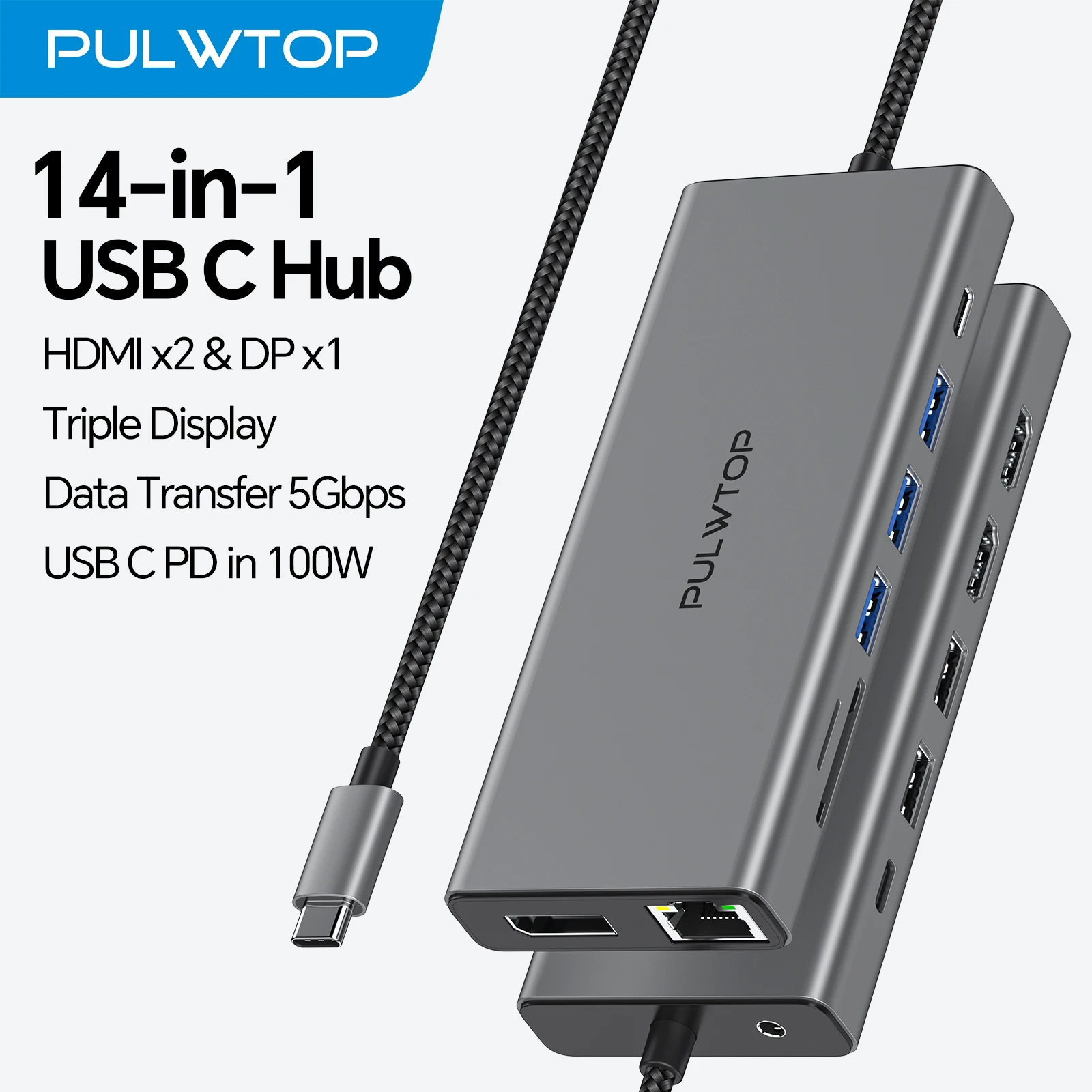 محطة إرساء USB C 14 في 1 من PULWTOP مع شاشة مزدوجة HDMI+DP+Ethernet+SD/TF+USB C Port+Audio+PD لأجهزة MacBook وDell وHP #1