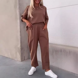 Fall Casual Round Neck Pocket Tracksuit Retro Solid Women Top Sweatshirt And Pants Sets Winter Long Sleeve Loose Female Clothing