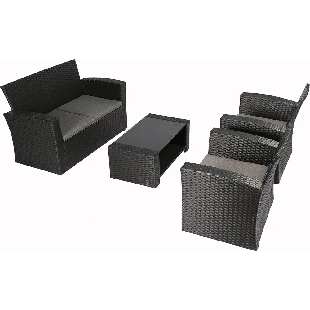 4 Pieces Outdoor Furniture Complete Patio Cushion Wicker P.E Rattan Garden Set, Full, Black