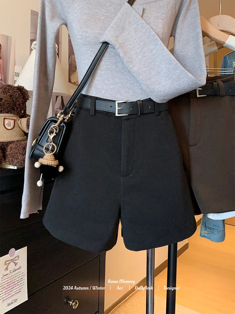 2024 novo outono e inverno high-end avançado shorts de lã para mulheres estilo menina quente cintura alta pernas largas emagrecimento calças quentes