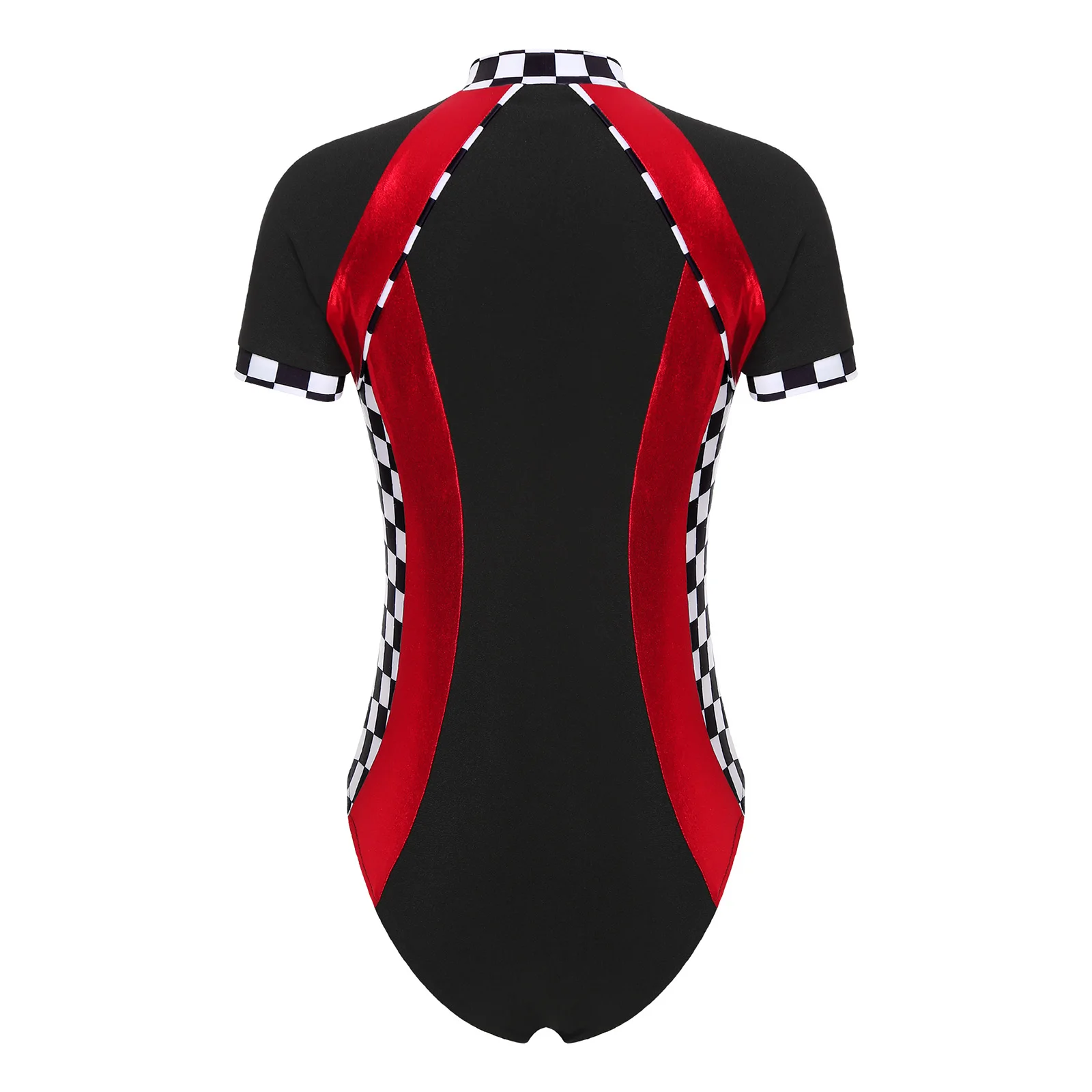 ผู้หญิงแฟชั่น Racer ขับรถเครื่องแต่งกายลายสก๊อตแขนสั้น Slim-fitting เงา Jumpsuit Racer Speed Match การแข่งขันชุด