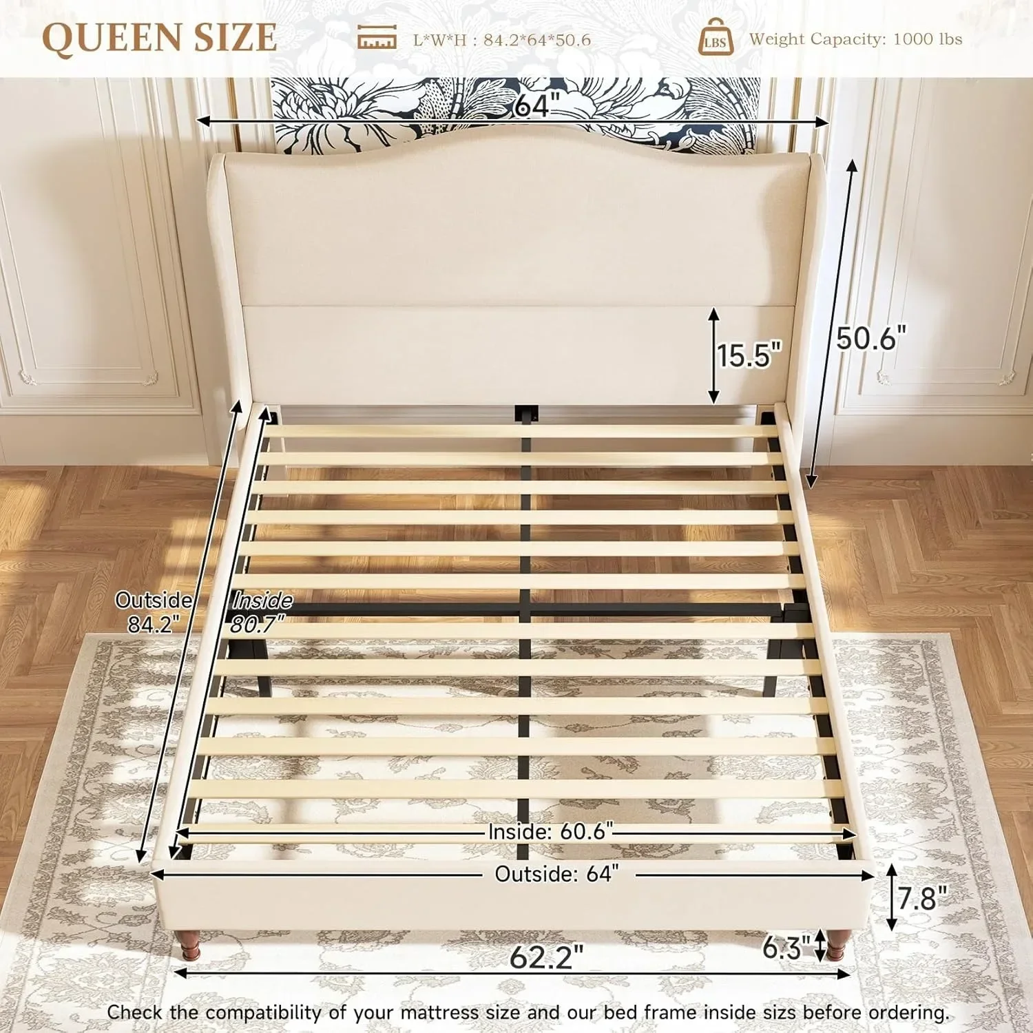 Large bed frame with cushioned platform bed, equipped with a 51 inch high headboard backrest, easy to assemble, beige color