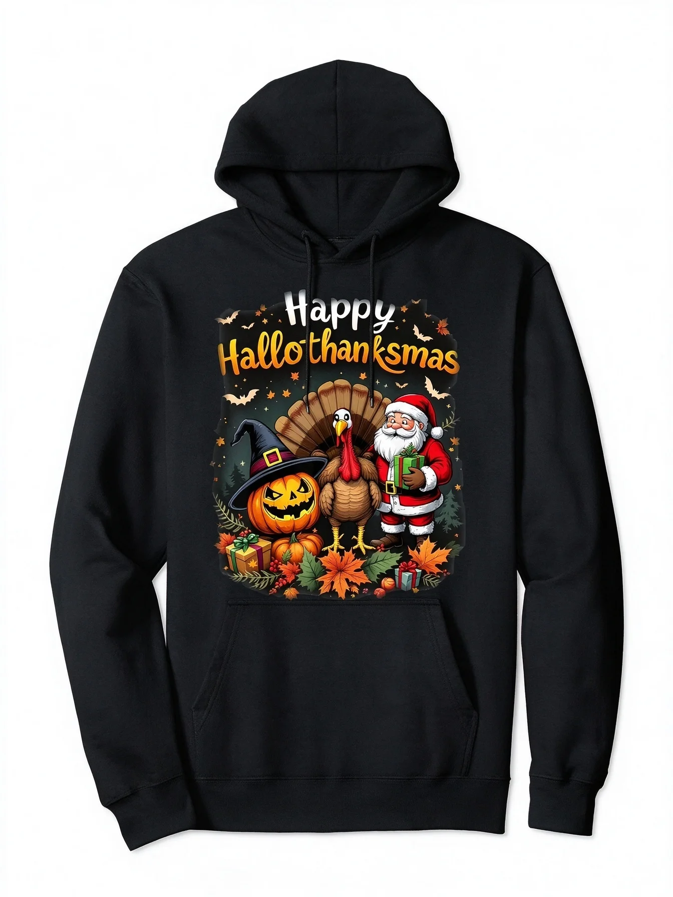2026 Happy Hallothanksmas Pumpkin Turkey Santa Print Oversized Hoodie and Crewneck Sweatshirt, Holiday Season Graphic