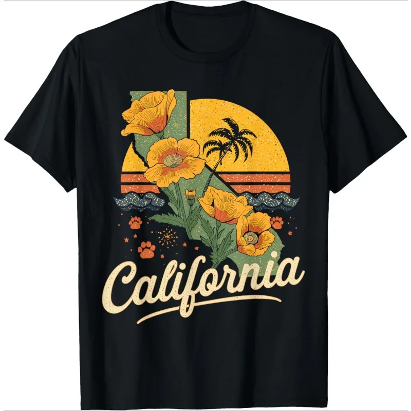 

California Letter T-Shirt Vintage Sunset Palm Tree Distressed Texture Short-Sleeve Western Casual Tee for Daily Wear Travel