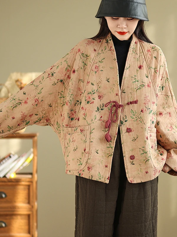 

Retro Cotton Linen Loose Fit round Neck Button up Coat Warmth Outerwear Pouch Slimming Design Chinese Style Commute Coat