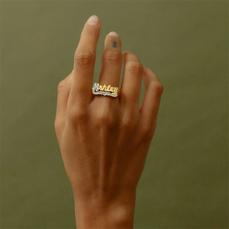 DHQH 18K Gold Heart-Shaped Ring Personalized Double-Layer Plated Hip-Hop Rock Accessory Customized Name Men's and Women's Gift