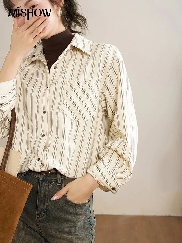 MISHOW Corduroy Shirts & Blouses Women Autumn Winter Striped Lapel Fake Two-piece Shirt Knit Turtleneck Patchwork Top MXC57C0142