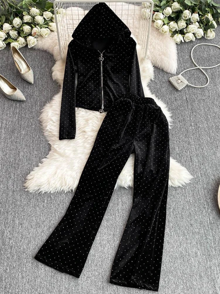 Fashion suit velvet hooded zipper cardigan jacket with high waist heavy industry diamond casual straight leg mop pants