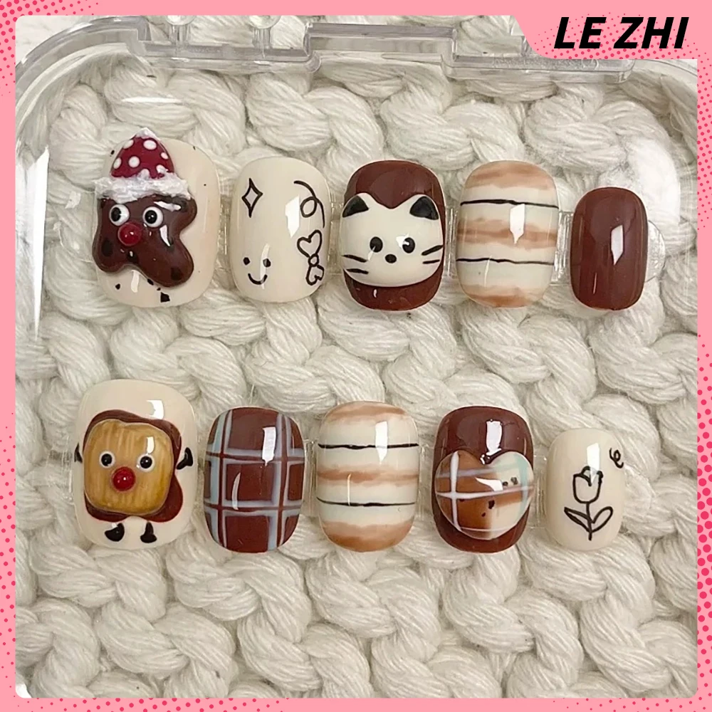 10Pcs Cute Cartoon Animal Full Cover Nail Party Sticker Short Round Square Cat Panda Rabbit Pearl Detachable Press On Nails