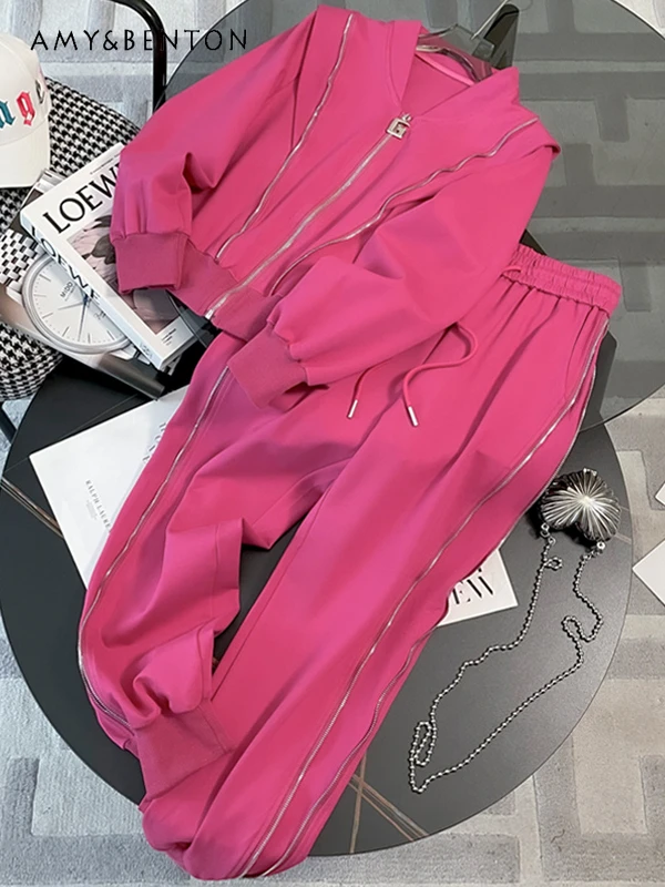 

All-Matching Fashion Casual Pants Sets Spring Autumn Loose Slim Zipper Hoodie Elastic Waist Pencil Pants Two-Piece Sets Women