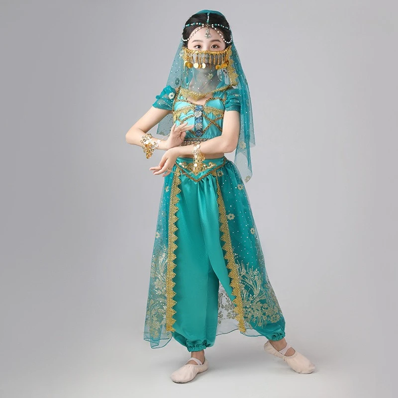 Girl Belly Dance Dress Indian Dancewear Green Long Dresses Stage Performance Clothes for Women Girls Halloween Theme Party