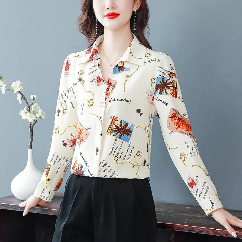 #2536 Spring Printed Chiffon Shirt Women Long Sleeve Vintage Womens Tops And Blouses Slim Turn-down Collar Buttons Retro Shirts