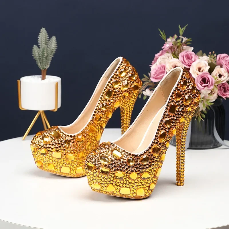 2026 New Arrival Luxury Crystal Round Toe Bridal Platform Shoes and purse for Woman High Pumps Thick Heel Party Shoes