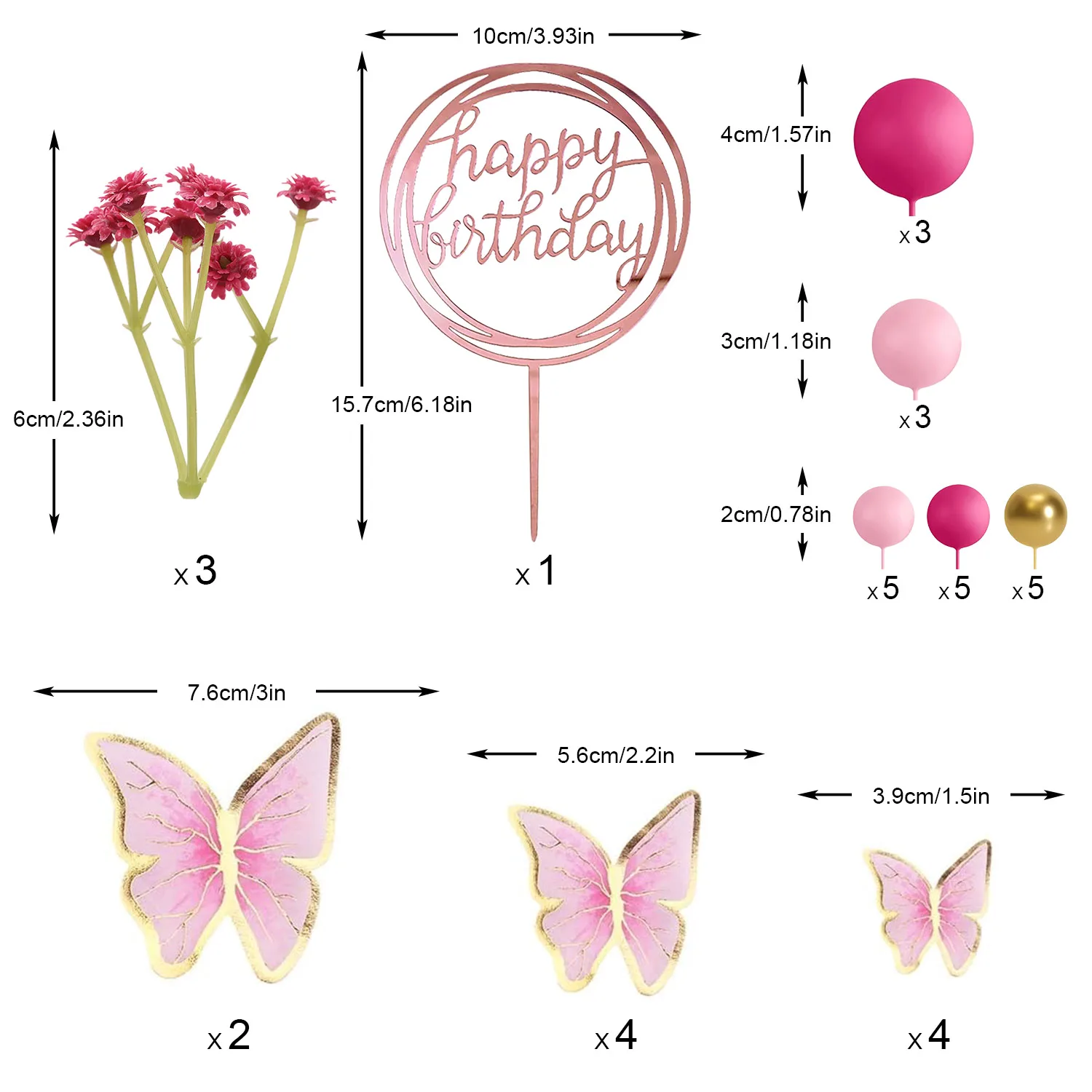 Pink Purple Balls Cake Toppers Butterfly Cake Decorations Happy Birthday Cake Topper for Wedding Baby Shower Birthday Flower The