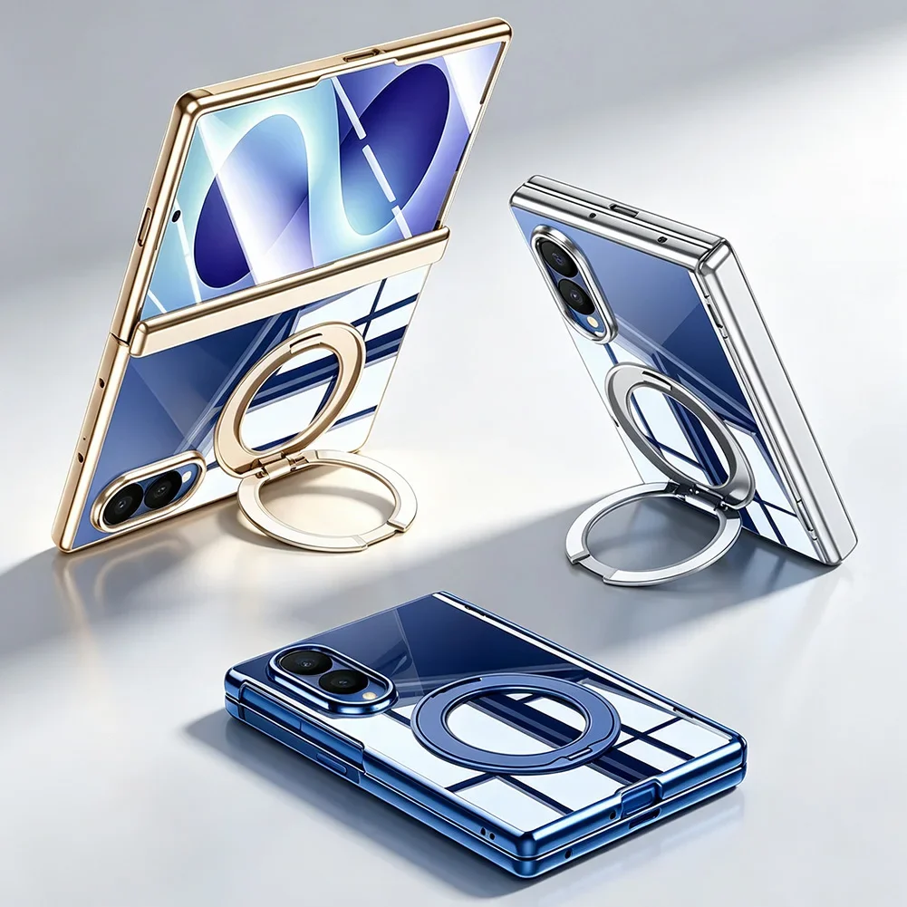 Plated Frame Rotating Stand Holder Transparent Phone Case For Samsung Galaxy Z Fold 8 Fold8 Ultra Front Glass Protective Cover