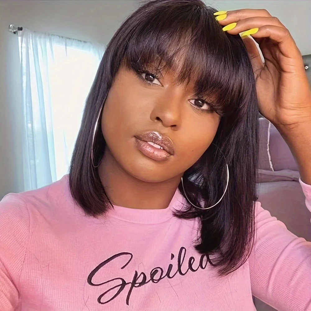 

Short Bob wig with bangs human hair 100% Natural PrePlucked Brazilian 100% Straight Wigs Lace Frontal Wig For Women Choice