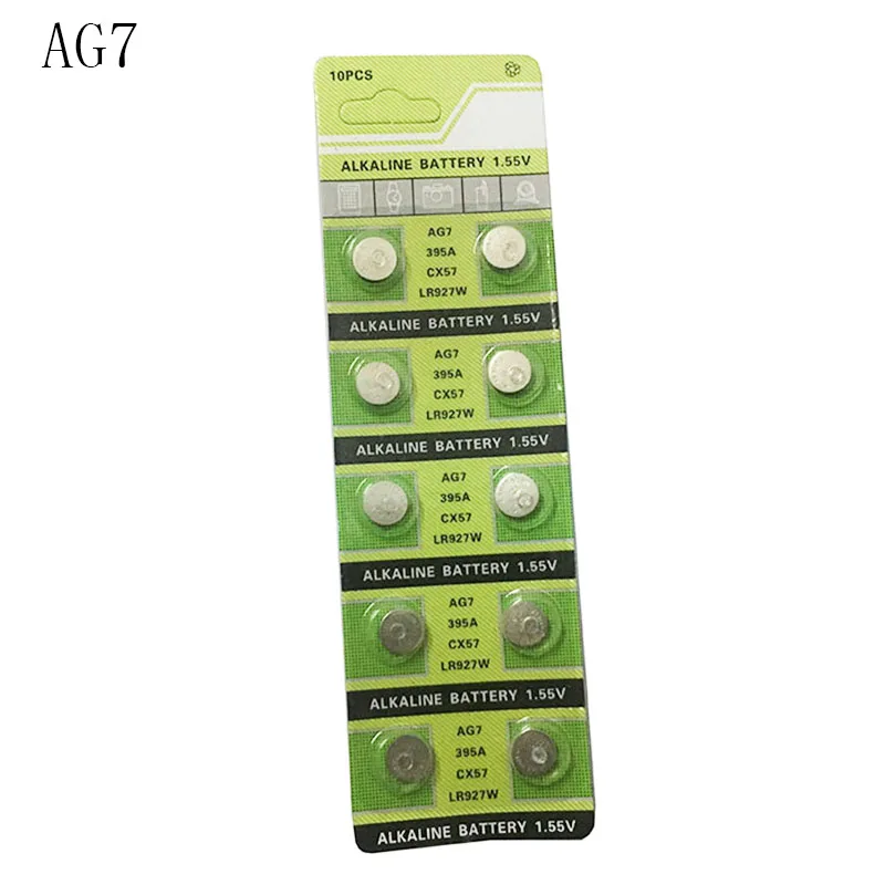 10 unids/lote AG7 LR927 395 SR927SW 195 399 pilas de botón 1,55 V batería alcalina para reloj electrónico.