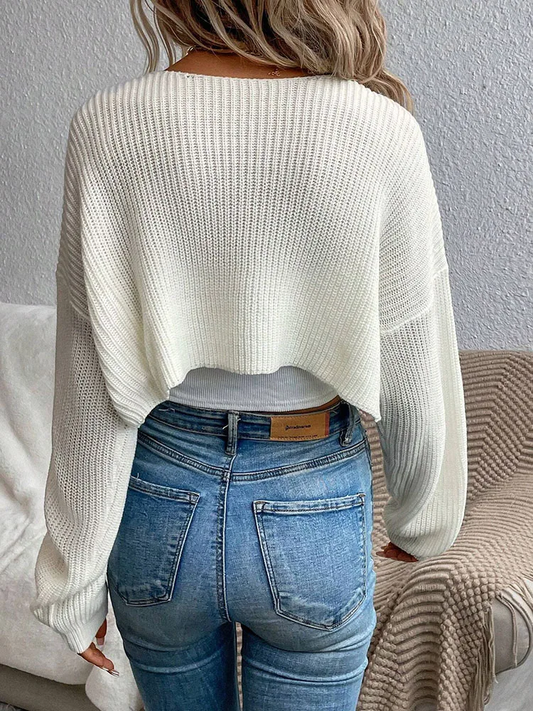 Damen-Pullover mit langen Ärmeln und offener Vorderseite an der Schulter, lässige Strickwaren, modischer und bequemer Stil