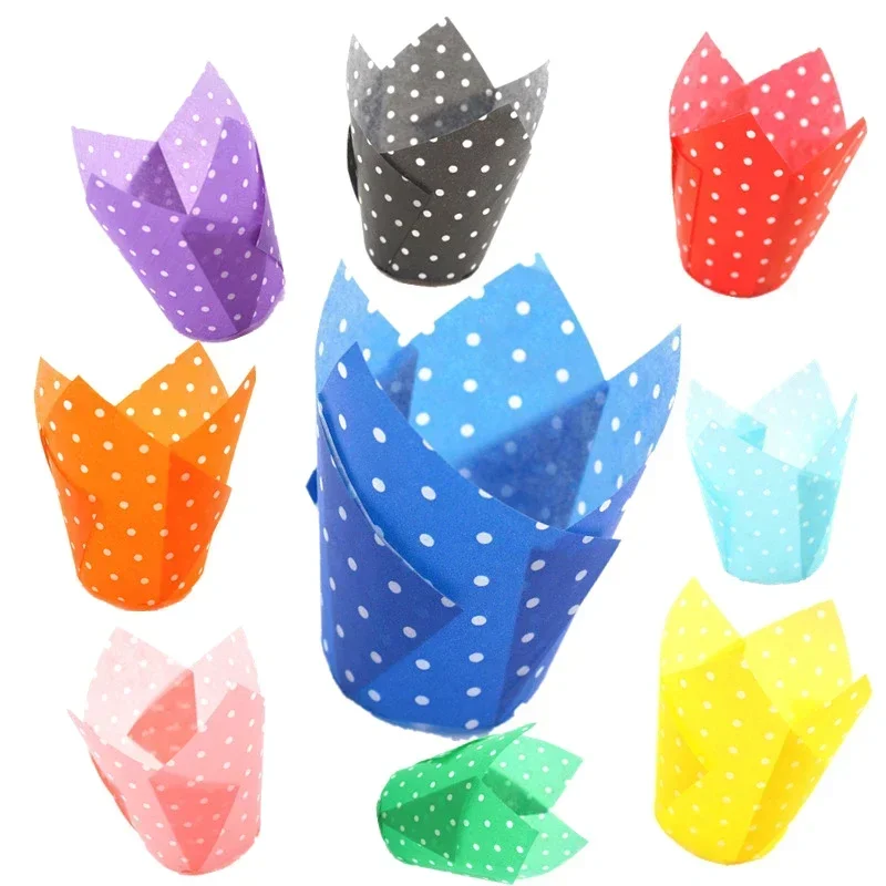 50Pcs Paper Cake Liner Dots Colorful Tulip Muffin Wraps Cases Cupcake Baking Tools Muffin Cup Polka Dot Paper Cup Paper Tray