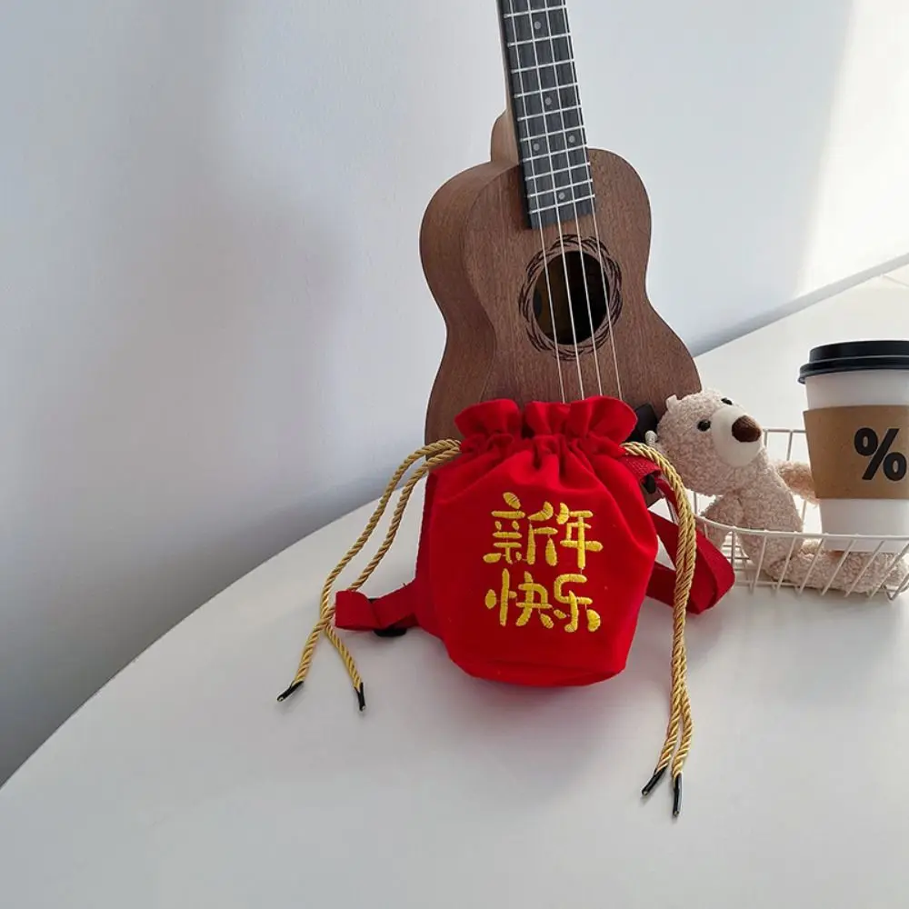 

Lovely Red Canvas Coin Purse Wallet Chinese Style New Year Coin Purse Shoulder Bag Drawstring Bag Embroidered Crossbody Bag Baby