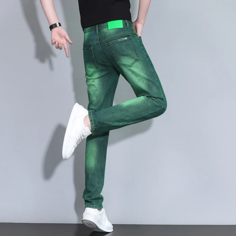 

Green fashionable high-end jeans men's versatile light luxury trendy casual stretch soft slim-fitting small straight long pants