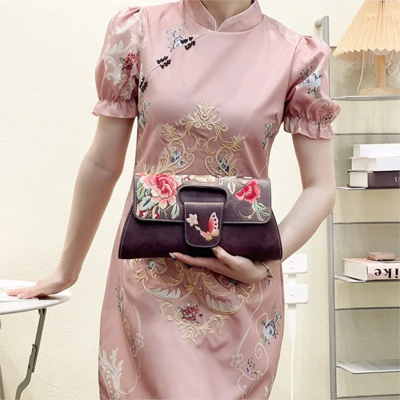 Johnature Vintage Chinese Style Embroidery Women Leather Bag  2024 New Elegant Handbag Versatile Shoulder & Crossbody Bags