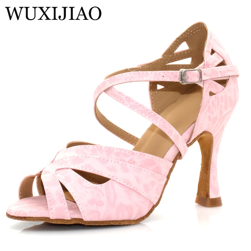 أحذية الرقص اللاتينية WUXIJIAO باللون الوردي الفهد PU أحذية الرقص الاجتماعي النسائية أحذية الرقص السالسا ذات النعل الناعم