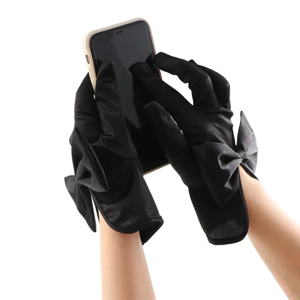 

Retro Elegant Women Prom Party Short Design Wedding Accessories Satin Mittens Bow Kont Gloves Full Finger Gloves