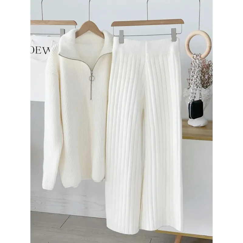 

Autumn Winter Zipper Sweaters Set Thickening Warm Knitted High Waist Women Pants Suit White Elegant Two Piece Set for Women N239