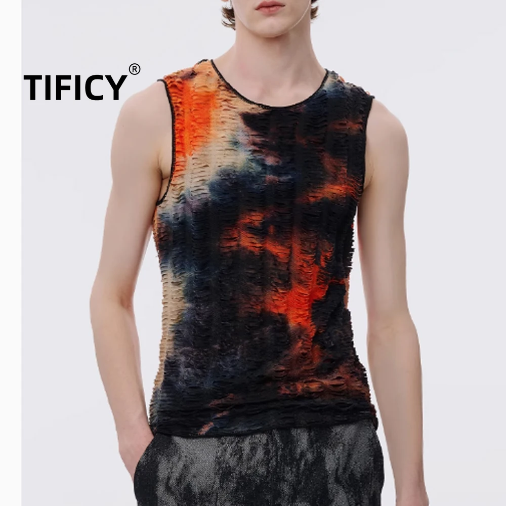 

High Street Tees Tanks Tops Men's Summer Black and Red Tank Top Elastic Slimming Tie Dyeing and Blended Printing Tank