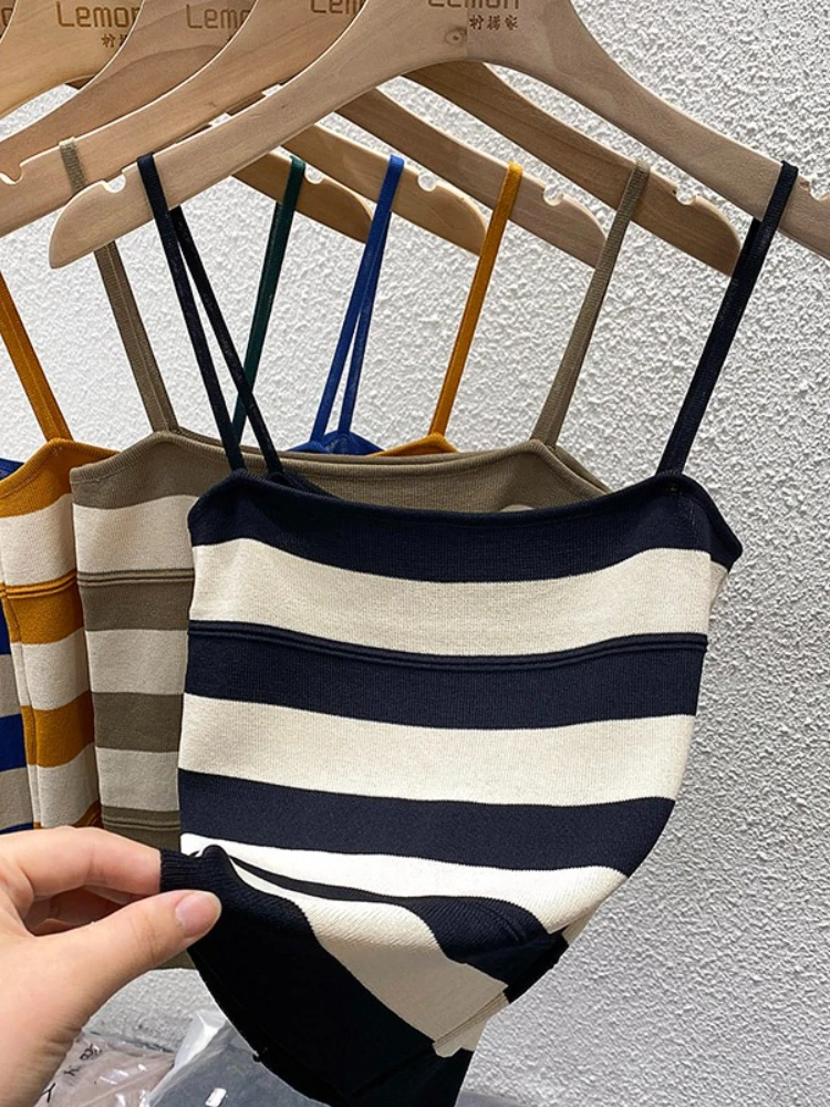 

AOSSVIAO 2025 Women's Summer Crop Tops Ice Silk Knitted Camisole Korean Style Striped Sleeveless Tank Top Fashion Slim Fit Vest