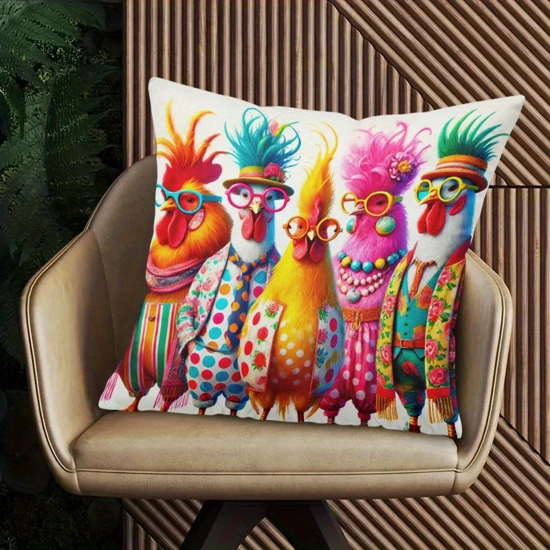 2D Flat Funky Fashion Rooster Throw Pillow Cover Vibrant Anthropomorphic Chicken Decorative Pillow Case