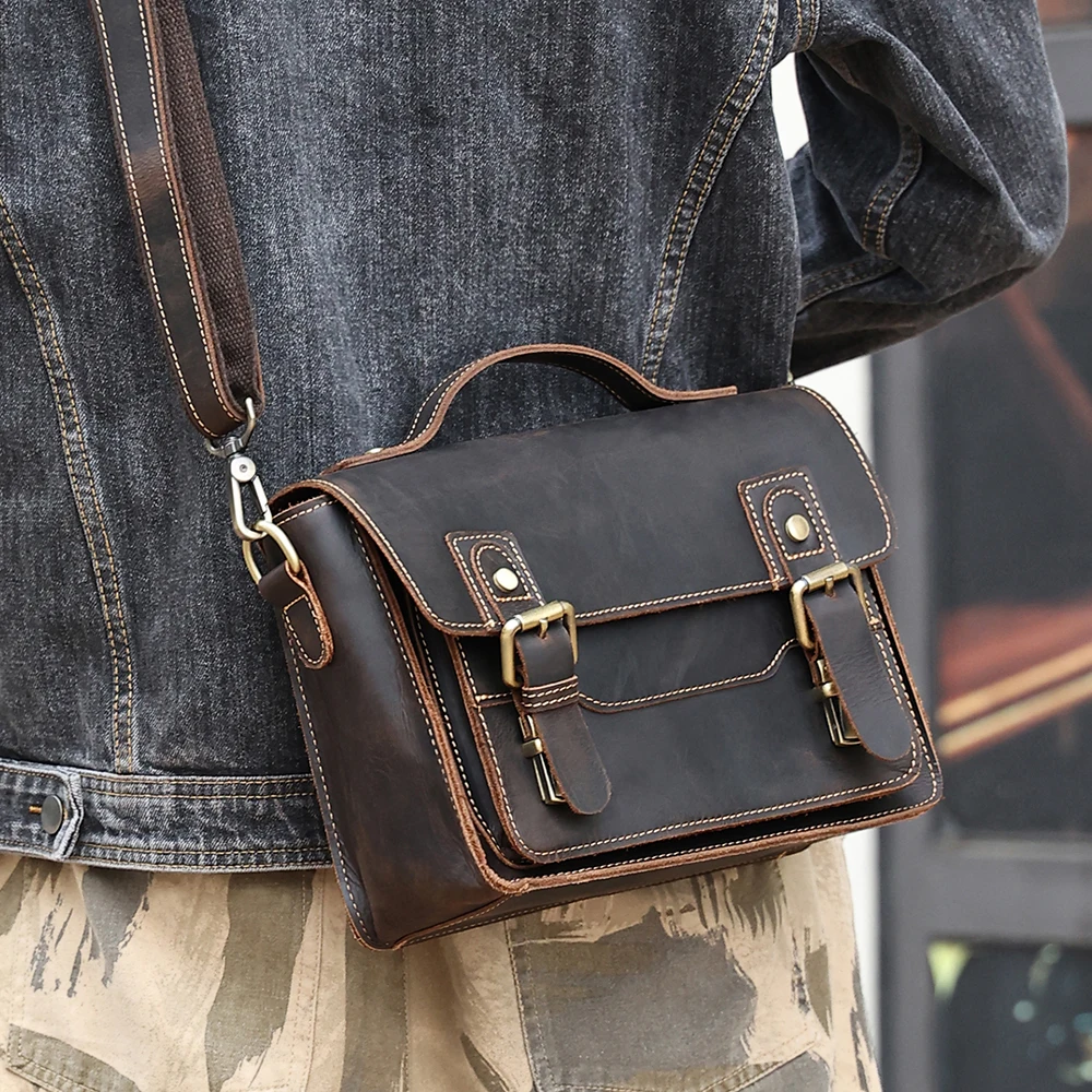 Men's Small Square Bag Crazy Horse Casual Vintage Shoulder Bag Genuine Leather Crossbody Bag Vintage Postman Bag For Men
