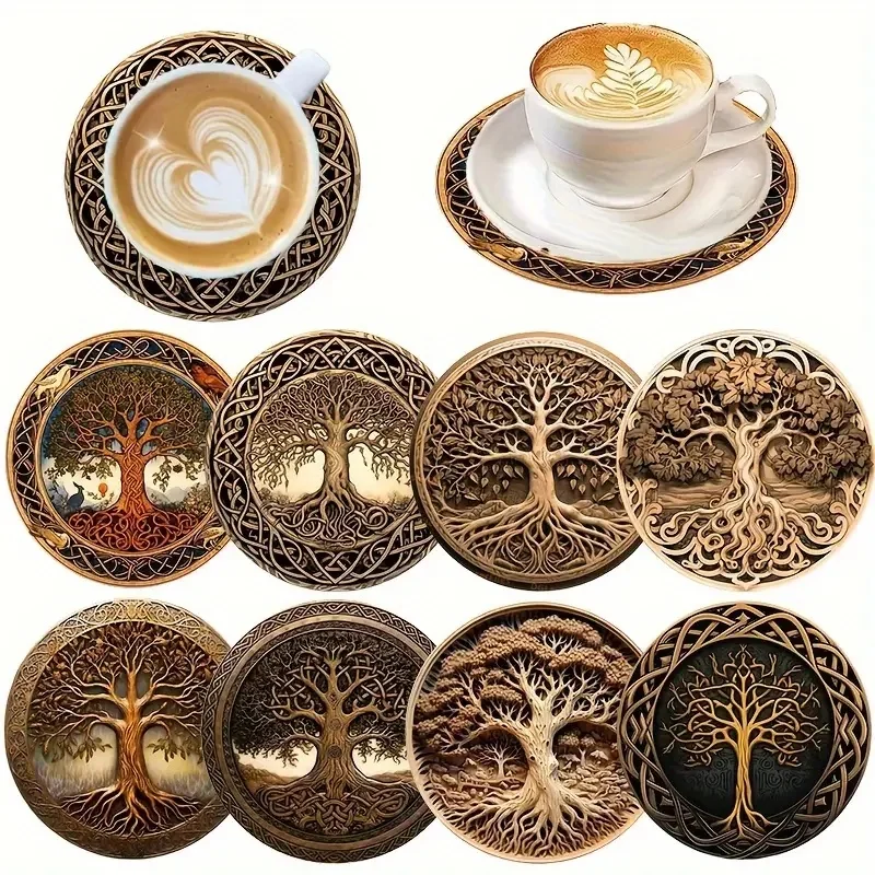 8-teiliges Tannenmuster-Untersetzer-Set, Holzmaterial Geeignet für Teetassen, Getränkebecher Tischdekoration, Geschenk zum Karnevalstag