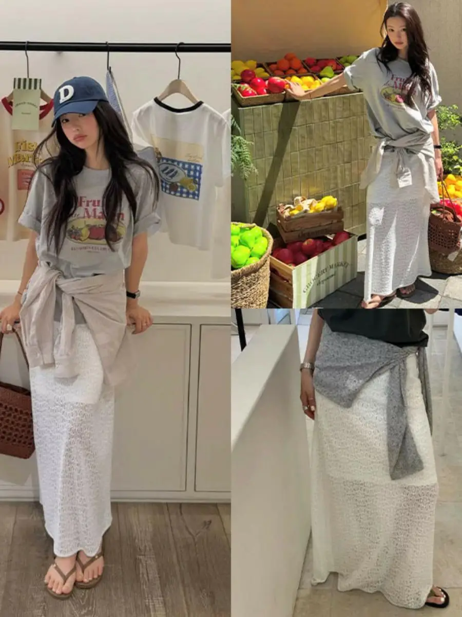 Elegant High Waist Lace Half Skirt Women's Straight Cut Long Dress Dongda Gate Hollow out Design Slimming Midi Skirt